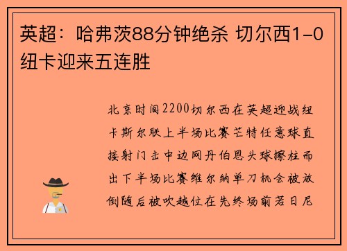 英超：哈弗茨88分钟绝杀 切尔西1-0纽卡迎来五连胜